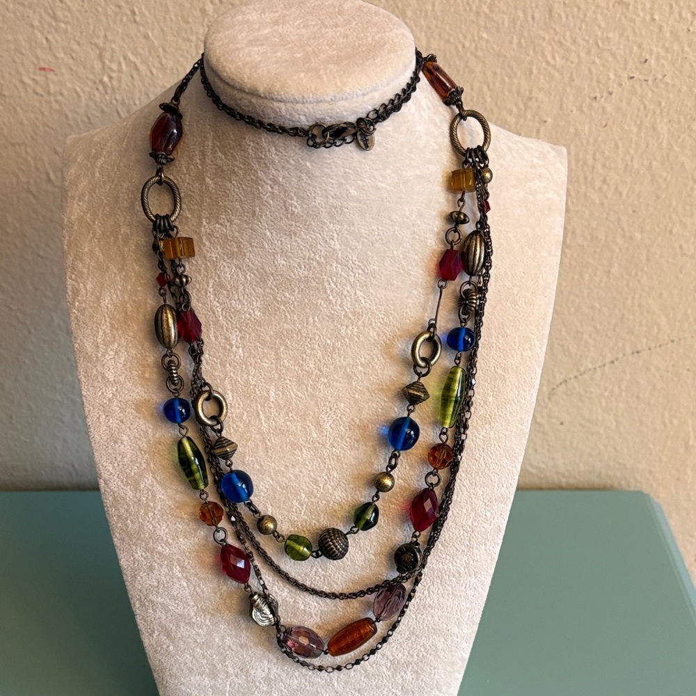 Lia Sophia Multicolor Glass Bead Layered Necklace Gunmetal Boho Art to Wear